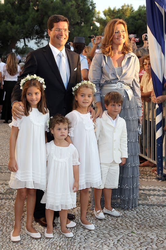 Princess Alexia of Greece (R) and Carlos Morales at the wedding of Prince Nikolaos and Miss Tatiana Blatnik at the Cathedral of Ayios Nikolaos (St. Nicholas) on August 25, 2010 in Spetses, Greece. Representatives from Europe�s royal families will join the many guests who have travelled to the island to attend the wedding of Prince Nikolaos of Greece, the second son of King Constantine of Greece and Queen Anne-Marie of Greece and Tatiana Blatnik an events planner for Diane Von Furstenburg in London.