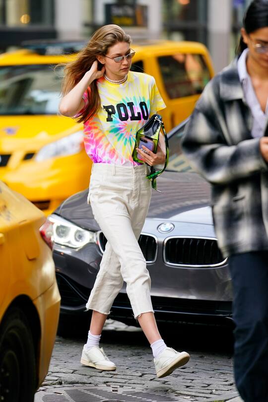NEW YORK, NY - MARCH 30: Gigi Hadid wears a tie-dyed shirt on March 30, 2019 in New York City. (Photo by Gotham/GC Images)