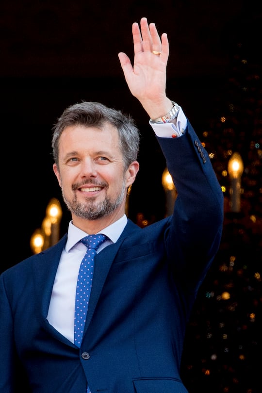 COPENHAGEN, DENMARK - MAY 26: Crown Prince Frederik of Denmark waves as the Royal Life Guards carry out the changing of the guard on Amalienborg Palace square on the occasion of the 50th birthday of The Crown Prince Frederik of Denmark on May 26, 2018 in Copenhagen, Denmark. (Photo by Patrick van Katwijk/Getty Images)