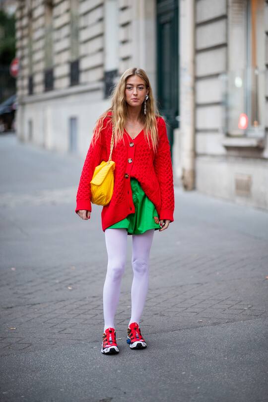 PARIS, FRANCE - MARCH 01: Emili Sindlev is seen wearing red cardigan during Paris Fashion Week Womenswear Fall/Winter 2019/2020 on March 01, 2019 in Paris, France. (Photo by Christian Vierig/Getty Images)