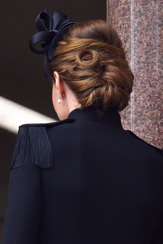 LONDON, UNITED KINGDOM - NOVEMBER 08: (EMBARGOED FOR PUBLICATION IN UK NEWSPAPERS UNTIL 24 HOURS AFTER CREATE DATE AND TIME) Catherine, Duchess of Cambridge (hair detail) attends the National Service of Remembrance at The Cenotaph on November 8, 2020 in London, England. Remembrance Sunday services were substantially scaled back today due to the current restrictions on gatherings, intended to curb the spread of covid-19. (Photo by Pool/Max Mumby/Getty Images)
