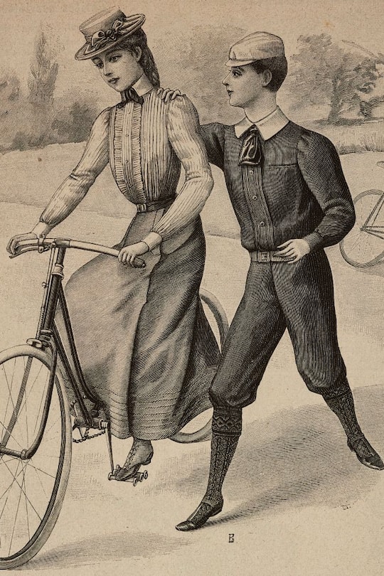 A 12-13 year old girl and boy in bicycle clothing, models by the Belle Jardiniere, engraving from La Mode Illustree, No 7, February 21, 1900.