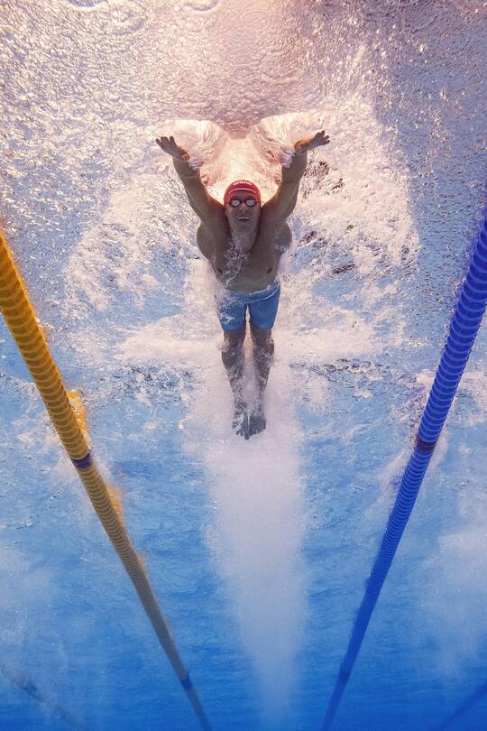 Noe Ponti competes in the Men's 50m Butterfly Semifinal at the World Aquatics Swimming Championships in Fukuoka, Japan, on Sunday, July 23, 2023. (KEYSTONE/Patrick B. Kraemer)