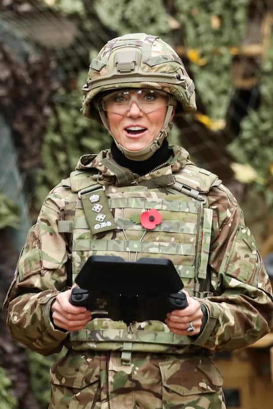 DEREHAM, ENGLAND - NOVEMBER 8: Catherine, Princess of Wales flies a drone as she visits The Queen's Dragoon Guards Regiment for the first time as their Colonel in Chief on November 8, 2023 in Dereham, England. (Photo by Chris Radburn - WPA Pool/Getty Images)
