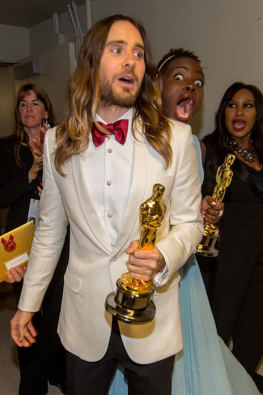 HOLLYWOOD, CA - MARCH 02: (L-R) Best Supporting Jared Leto pose backstage with Best Supporting Actress winner Lupita Nyong'o during the Oscars held at Dolby Theatre on March 2, 2014 in Hollywood, California. (Photo by Christopher Polk/Getty Images)