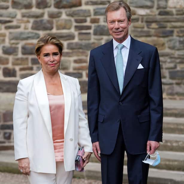 CLERVAUX, LUXEMBOURG - SEPTEMBER 19: Grand Duke Henri of Luxembourg and Grand Duchess Maria Teresa of Luxembourg arrive for the baptism of Prince Charles of Luxembourg at l'Abbaye St Maurice on September 19, 2020 in Clervaux, Luxembourg. (Photo by Sylvain Lefevre/Getty Images)