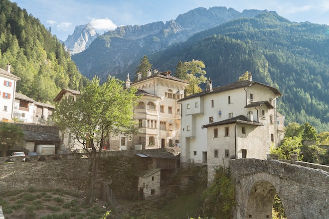Ancient mill and factory Molino Scartazzini, Promontogno, Maloja, canton of Graubunden, Val Bregaglia, Switzerland