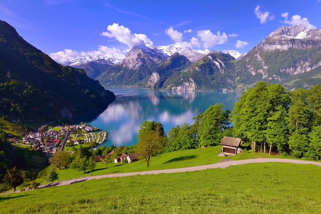 Views of Sisikon and Urnersee lake, part of Lake Lucerne, Swiss Path, Uri Alps or Urner Alps in Central Switzerland with the mountains Brunnistock, Uri-Rotstock and Oberbauenstock, Canton of Uri, Switzerland