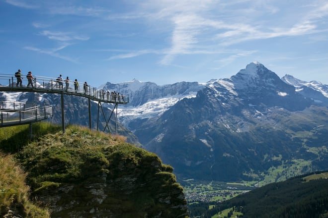 First Cliff Walk opened in 2015 in the Jungfrau region, the First Cliff Walk is a narrow, metal walkway built into the side of a cliff in the Swiss Alps, offering an incredible view of the surrounding mountains, valleys, and pastures. Visitors can take a 25-minute gondola ride up to the First Cliff Walk.