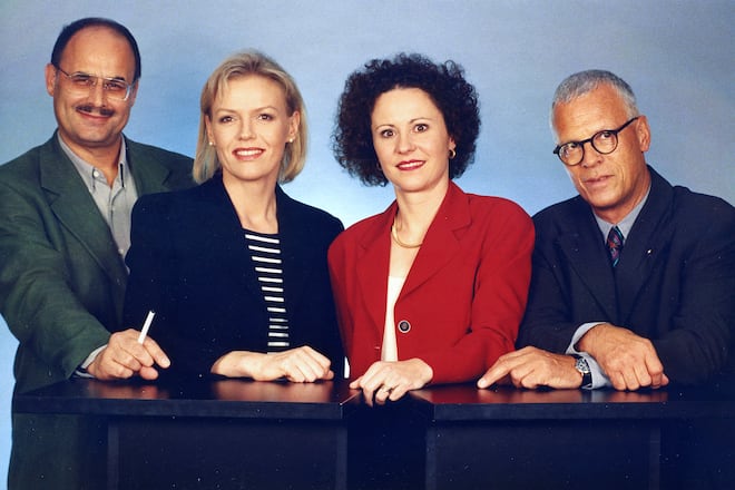 Tagesschau Das Team von 1997: v.l. Heinrich Müller, Katja Stauber, Béatrice Müller und Charles Clerc 1997