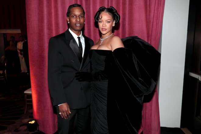 BEVERLY HILLS, CALIFORNIA - JANUARY 10: 80th Annual GOLDEN GLOBE AWARDS -- Pictured: (l-r) A$AP Rocky and Rihanna attend the 80th Annual Golden Globe Awards held at the Beverly Hilton Hotel on January 10, 2023 in Beverly Hills, California. -- (Photo by Christopher Polk/NBC via Getty Images)