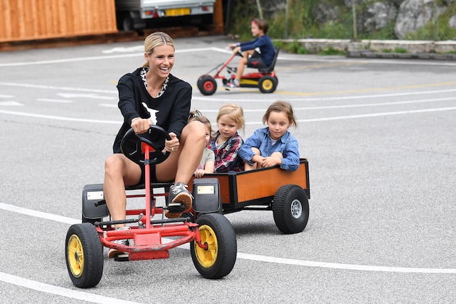 Michelle Hunziker and Tomaso Trussardi are seen with their daughters Celeste and Sole Trussardi on august 24, 2018 in San Cassiano, Italy. Photo BEESCOOP.COM