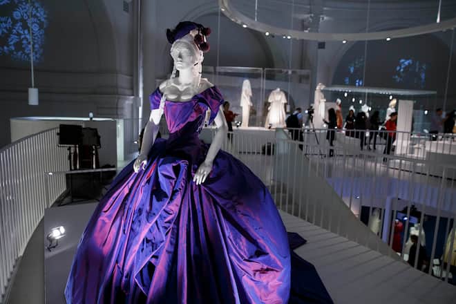 LONDON, UNITED KINGDOM - APRIL 30: A wedding dress worn by Dita Von Teese at her wedding with Marilyn Manson in 2005, designed by Vivienne Westwood is seen during a press preview for an exhibition entitled 'Wedding Dresses 1775-2014,' at the Victoria & Albert Museum in London, on April 30, 2014. The exhibition, which opens to the public on May 3, 2014, highlights the history and development of the wedding dress. (Photo by Tolga Akmen/Anadolu Agency/Getty Images)