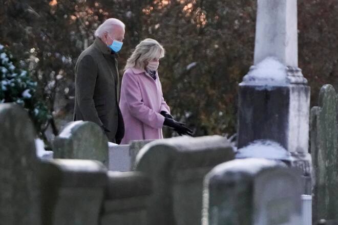 WILMINGTON, DE - DECEMBER 18: (EDITOR'S NOTE: Alternative crop of image #1230190739) President-elect Joe Biden arrives for a church service with Dr. Jill Biden at St. Joseph on the Brandywine on December 18, 2020 in Wilmington, Delaware. Today is the anniversary of the death of his first wife Neilia and daughter Naomi who were killed in a traffic accident in 1972 shortly after he was elected to his first term in the U.S. Senate. (Photo by Joshua Roberts/Getty Images)