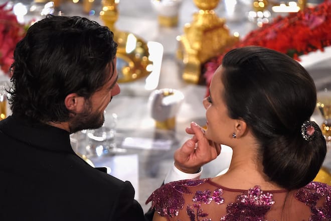 STOCKHOLM, SWEDEN - DECEMBER 10: Sofia Hellqvist and Prince Carl Philip of Sweden attend the Nobel Prize Banquet 2014 at City Hall on December 10, 2014 in Stockholm, Sweden. (Photo by Pascal Le Segretain/Getty Images)