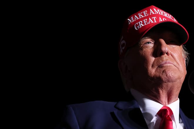 LATROBE, PENNSYLVANIA - NOVEMBER 05: Former U.S. President Donald Trump speaks during a rally at the Arnold Palmer Regional Airport November 5, 2022 in Latrobe, Pennsylvania. Trump campaigned at the rally for Pennsylvania Republican candidates including Republican Senate candidate Dr. Mehmet Oz and Republican gubernatorial candidate Doug Mastriano ahead of the midterm elections to be held on November 8th. (Photo by Win McNamee/Getty Images)