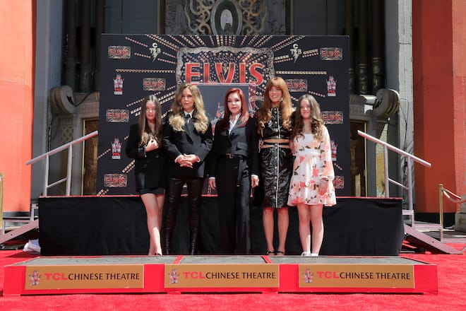 June 21, 2022, Los Angeles, California, USA: LOS ANGELES - June 21: Finley Lockwood, Lisa Marie Presley, Priscilla Presley, Riley Keough, Harper Lockwood at a ceremony honoring three generations of Presleys with hand prints at the TCL Chinese Theatre IMAX on June 21, 2022 in Los Angeles, CA Los Angeles USA - ZUMAg107 20220621_zep_g107_082 Copyright: xNinaxPrommerx