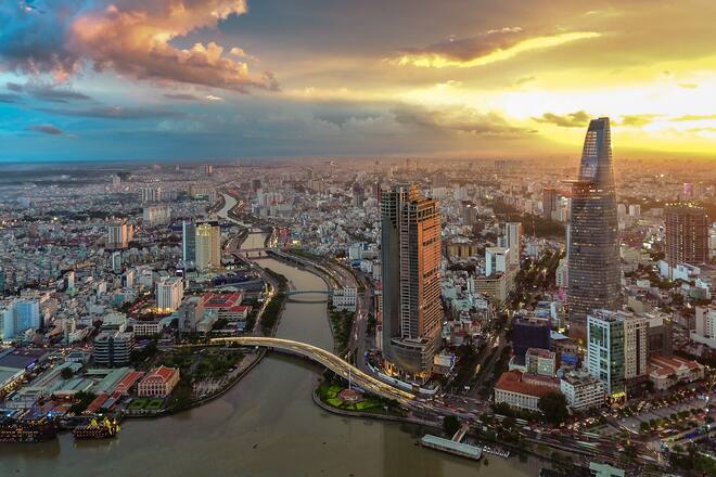 Beautiful sunset of Saigon skyline, aerial view of Business and Administrative District