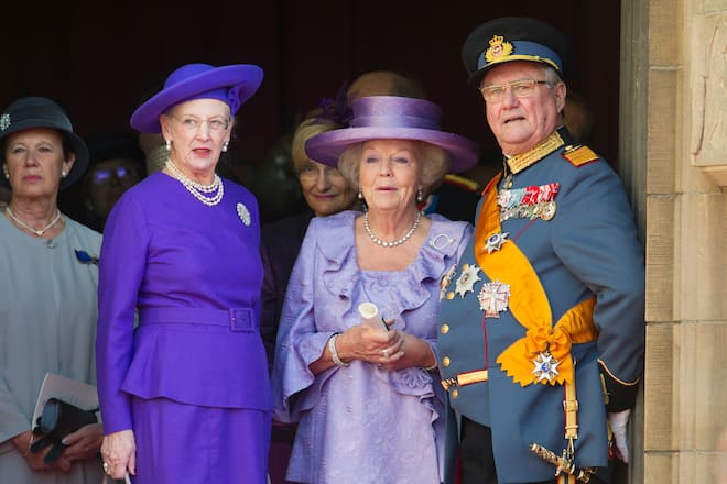 (L-R) Queen Margarethe of Denmark, Queen Beatrix of the Netherlands and Prince Henrik of Denmark attend the wedding ceremony of Prince Guillaume of Luxembourg and Princess Stephanie of Luxembourg at the Cathedral of our Lady of Luxembourg, in Luxembourg. (Photo by Stephane Cardinale/Corbis via Getty Images)