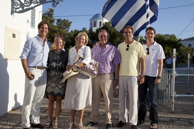Queen Anne Marie, And King Constantine With Prince Nikolaos And The Greek Royal Family Attend A Wedding Rehearsal For The Wedding Of Prince Nikolaos Of Greece And Tatiana Blatnik At The Monastery Of Ayios Nikolaos On The Island Of Spetses, Greece. (Photo by Julian Parker/UK Press via Getty Images)