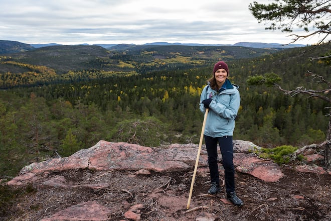 ORNSKOLDSVIK, SWEDEN - OCTOBER 03: Crown Princess Victoria of Sweden is seen hiking in Skuleskogen National Park on October 3, 2018 in Ornskoldsvik, Sweden. The Crown Princess is undertaking a series of hikes through the Swedish landscape that aim to allow her to experience different parts of Sweden during different seasons and to visualize the natural beauty Sweden has to offer. (Photo by MICHAEL CAMPANELLA/WireImage)