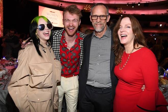 LOS ANGELES, CALIFORNIA - DECEMBER 12: (L-R) Billie Eilish, Finneas O'Connell, Patrick O'Connell and Maggie Baird attend Billboard Women In Music 2019, presented by YouTube Music, on December 12, 2019 in Los Angeles, California. (Photo by Kevin Mazur/Getty Images for Billboard)