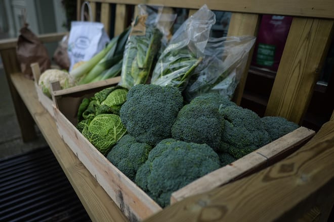Organic broccoli and cabbage on display outside a grocery shop in Dublin during Level 5 Covid-19 lockdown. On Wednesday, February 24, 2021, in Dublin, Ireland. (Photo by Artur Widak/NurPhoto via Getty Images)