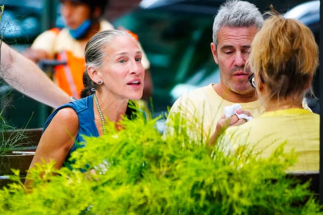 NEW YORK, NEW YORK - JULY 18: Sarah Jessica Parker and Andy Cohen are seen at Anton's on July 18, 2021 in New York City. (Photo by Gotham/GC Images)