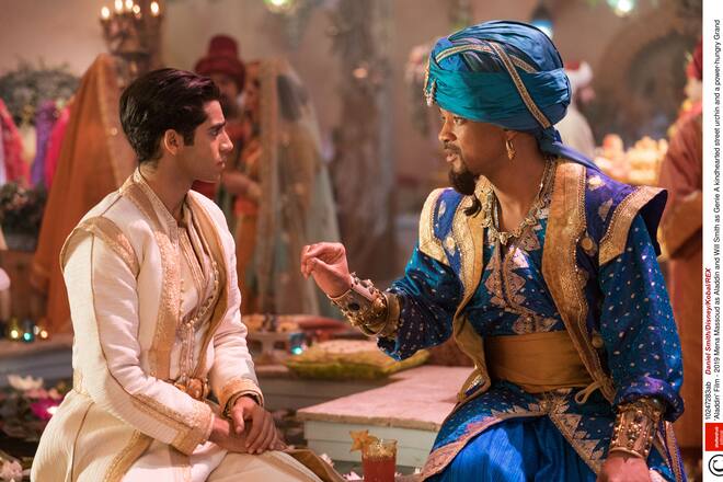 Editorial use only. No book cover usage.Mandatory Credit: Photo by Daniel Smith/Disney/Kobal/REX (10247283ab)Mena Massoud as Aladdin and Will Smith as Genie'Aladdin' Film - 2019A kindhearted street urchin and a power-hungry Grand Vizier vie for a magic lamp that has the power to make their deepest wishes come true.