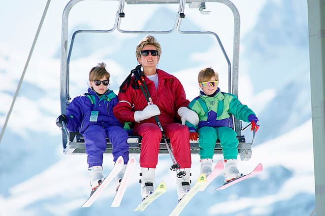 LECH, AUSTRIA - APRIL 10: The Princess Of Wales With Her Two Sons, Prince William And Prince Harry On A Chair-lift During A Ski Hloiday In Lech, Austria (Photo by Tim Graham Photo Library via Getty Images)