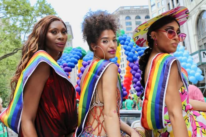 NEW YORK, NY - JUNE 30: Dominique Jackson, Indya Moore and Mj Rodriguez are seen on June 30, 2019 in New York City. (Photo by Nancy Rivera/Bauer-Griffin/GC Images)