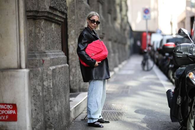 MILAN, ITALY - FEBRUARY 20: Karin Teigl wearing a Chanel bag and shades and Zara loafer during Milan Fashion Week Fall/Winter 2020-2021 on February 19, 2020 in Milan, Italy. (Photo by Jeremy Moeller/Getty Images)