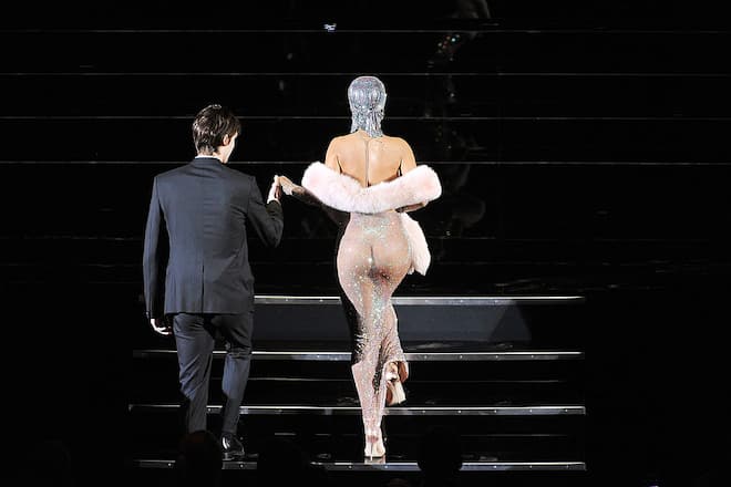 NEW YORK, NY - JUNE 02: (EDITORS NOTE: Image contains nudity.) Rihanna walks onstage at the 2014 CFDA fashion awards at Alice Tully Hall, Lincoln Center on June 2, 2014 in New York City. (Photo by D Dipasupil/Getty Images)