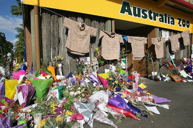 BEERWAH, AUSTRALIA - SEPTEMBER 05: Steve Irwin shirts are signed and hung above a shrine of flowers at "Crocodile Hunter" Steve Irwin's Australia Zoo September 5, 2006 in Beerwah, on the Sunshine Coast, Australia. Irwin died September 4, 2006 after being stabbed in the heart by a stingray's barb while diving off Port Douglas in the northern Australia state of Queensland, police said. (Photo by Bradley Kanaris/Getty Images)