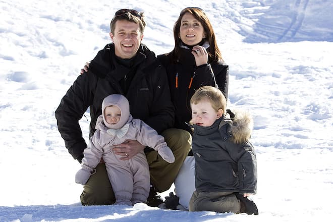 Crown Prince Frederik, And Crown Princess Mary Of Denmark, With Their Children Prince Christian , And Princess Isabella, In Verbier, Switzerland, During Their Ski Holiday. (Photo by Julian Parker/UK Press via Getty Images)