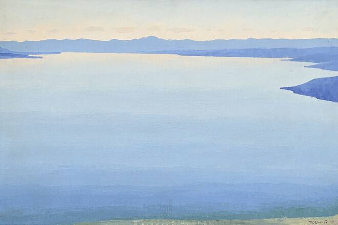 Painting of a lake with mountains in background