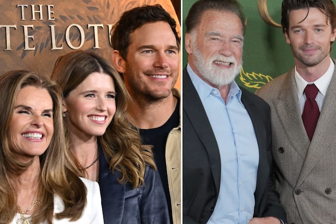 Patrick Schwarzenegger mit seinem berühmten Vater Arnold, seiner Mutter Maria Shriver (l.), seiner Schwester Katherine und seinem Schwager Chris Pratt. Sie alle unterstützten ihn bei der Premiere von «The White Lotus».