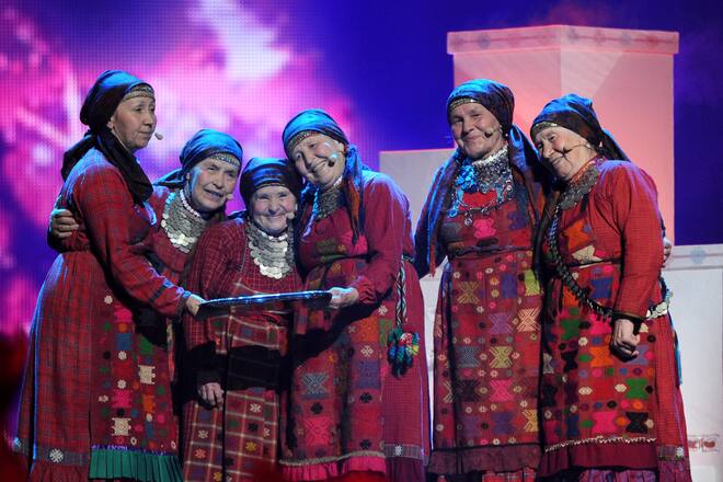 Russian's singing group "Buranovskiye Babushki" (Buranovo Grannies) performs during the First Semi-Final of the Eurovision 2012 song contest in the Azerbaijan's capital Baku, late on May 22, 2012. AFP PHOTO / VANO SHLAMOV (Photo credit should read VANO SHLAMOV/AFP/GettyImages)