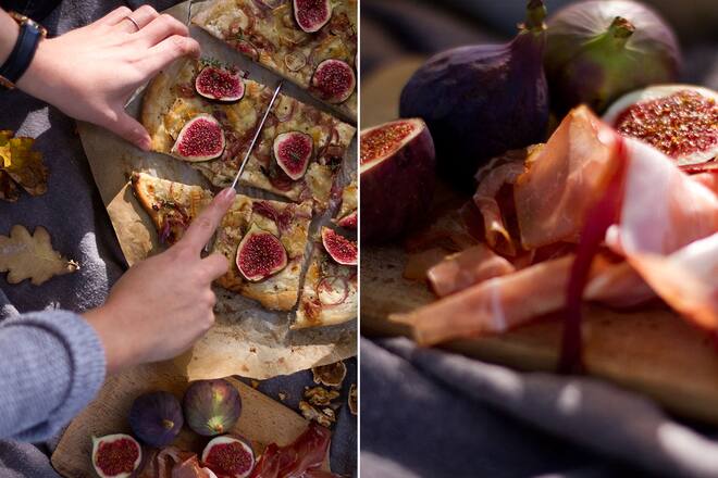 Flammkuchen mit karamellisierten Zwiebeln, Ziegenkäse und Feigen