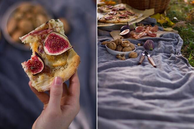 Flammkuchen mit karamellisierten Zwiebeln, Ziegenkäse und Feigen