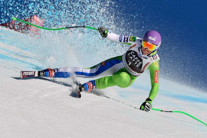 CRANS MONTANA, SWITZERLAND - FEBRUARY 23: Ilka Stuhec of Slovenia competes during the Audi FIS Alpine Ski World Cup Women's Downhill on February 23, 2019 in Crans Montana Switzerland. (Photo by Alain Grosclaude/Agence Zoom/Getty Images)